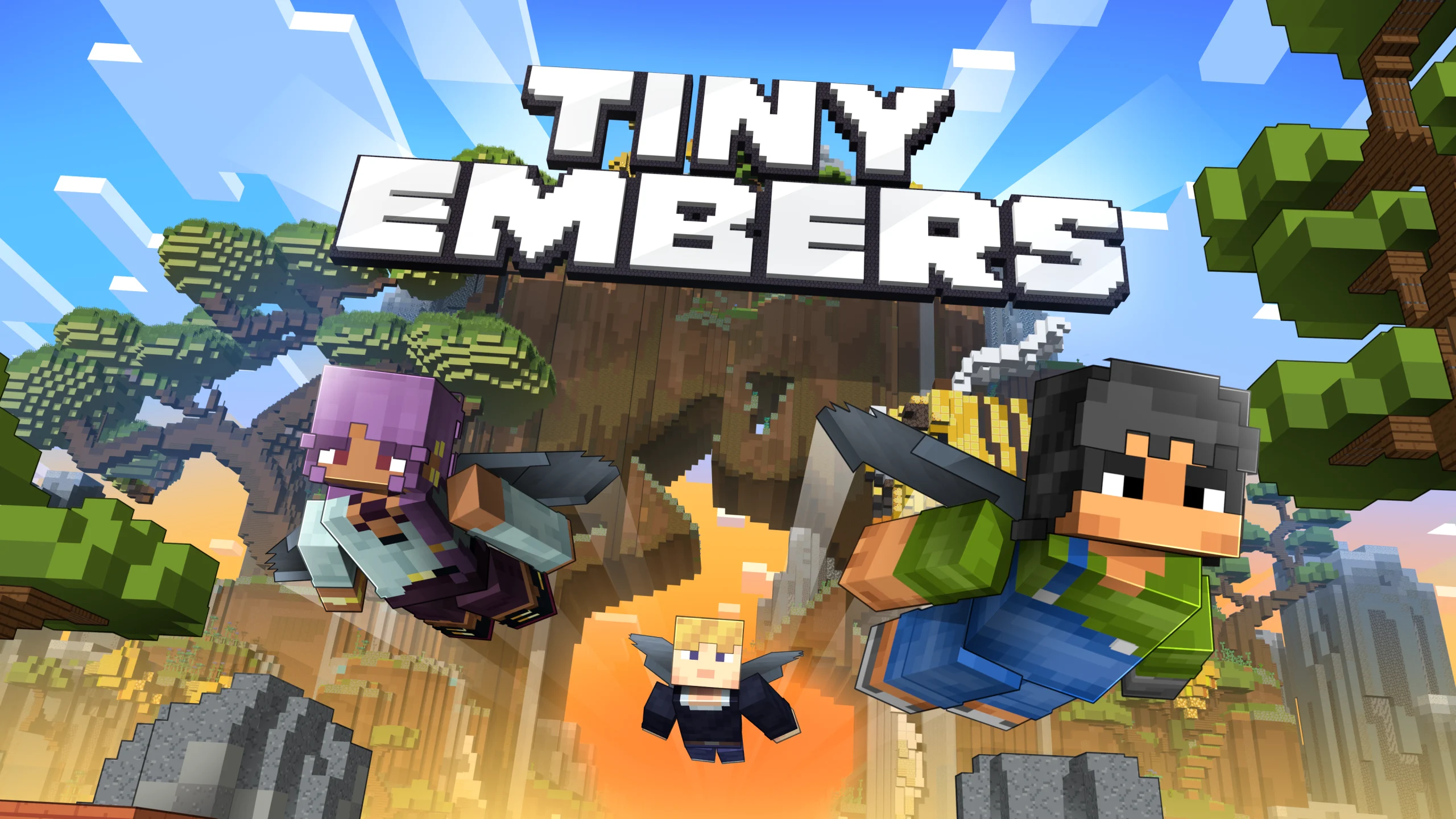 Tiny Embers Minecraft characters flying through a bright block-built world