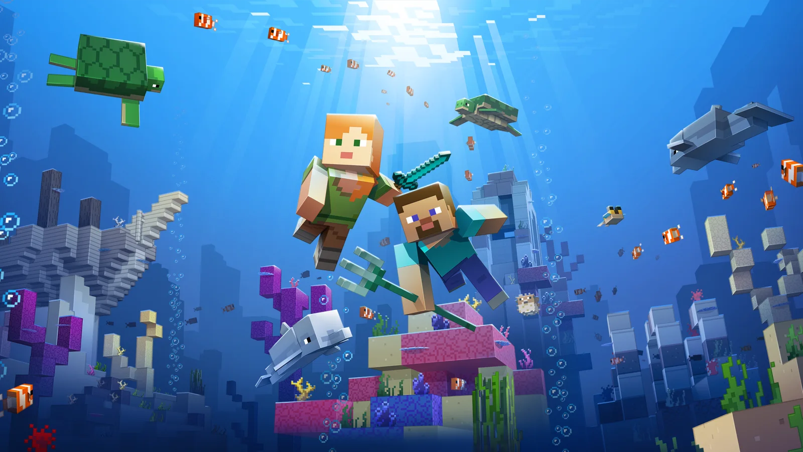 Minecraft characters exploring a colourful underwater world